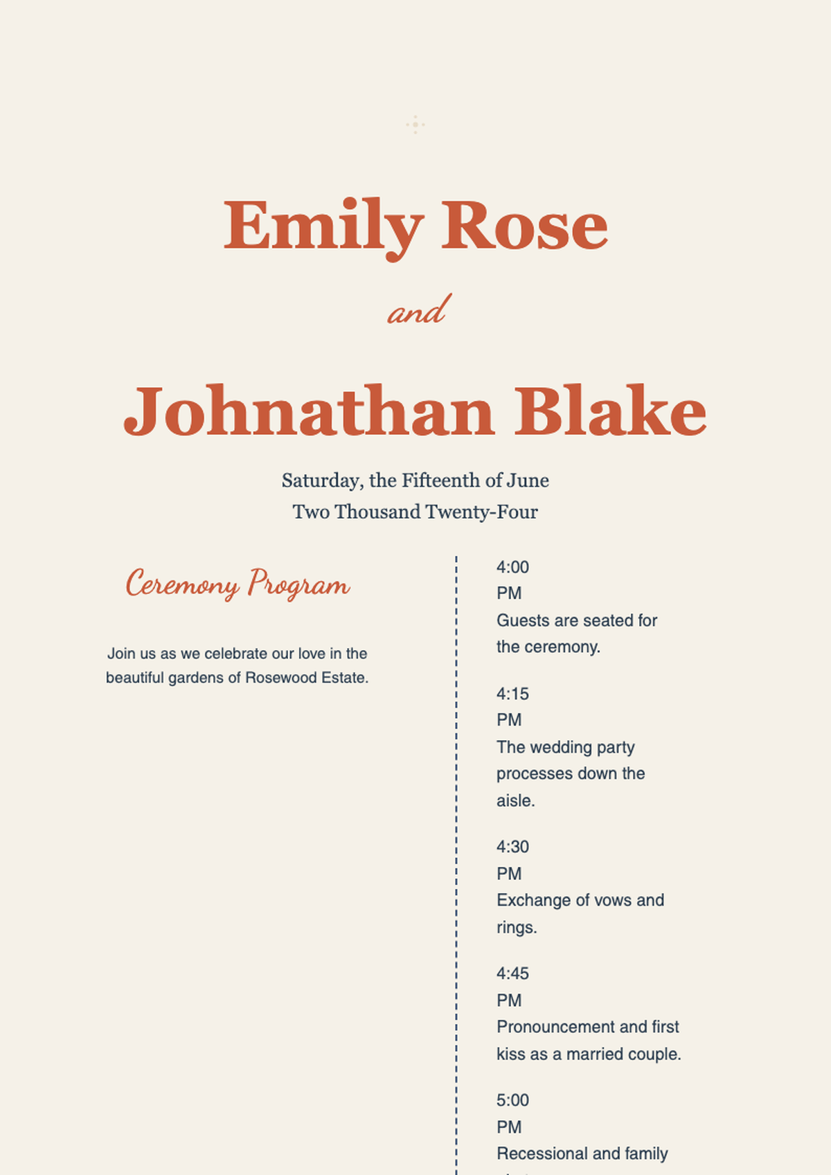 Elegant wedding reception program with floral accents and timeline_variant_3